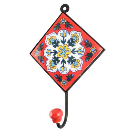 Red With White Floral Ceramic Tile Hook 